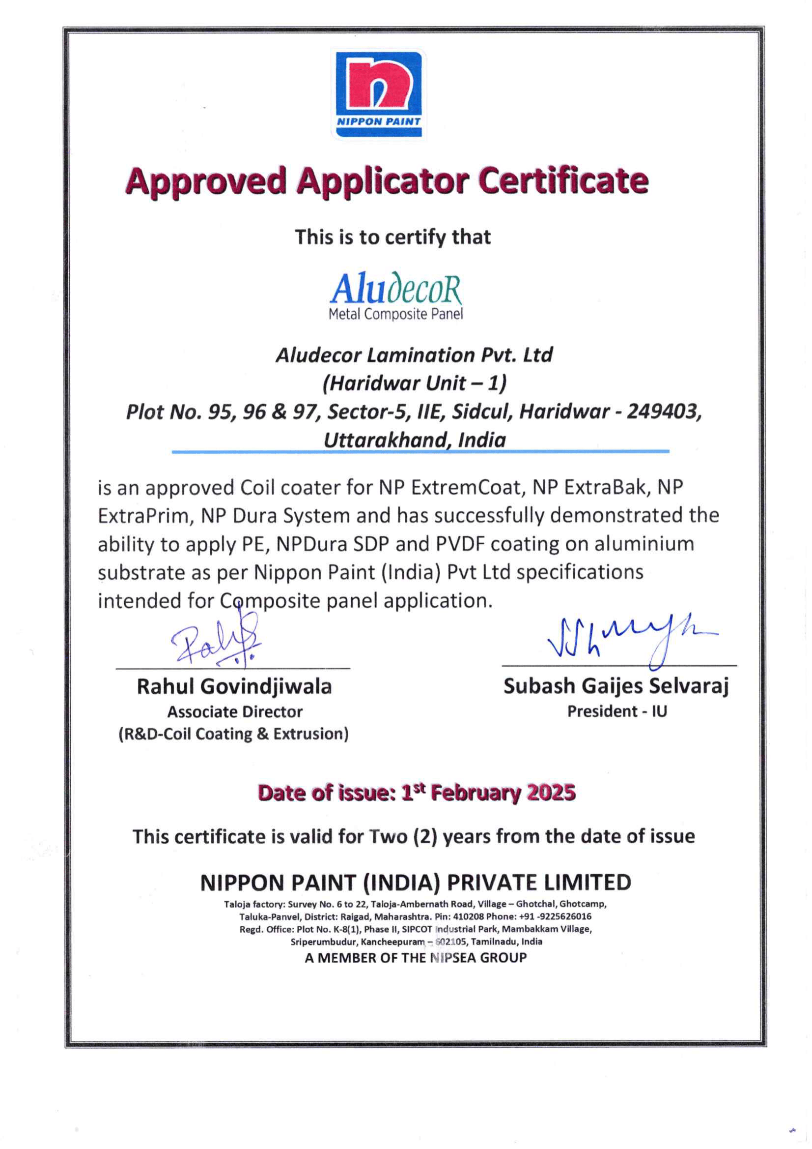 U1 Nippon Approved Applicator Certificate